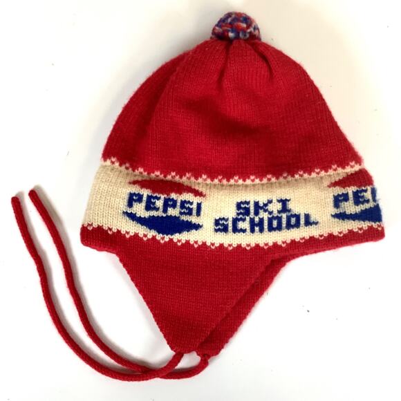 Vtg 1970s Pepsi Ski School Knit Beanie Hat Cap Red White Blue Pom Pom Winter USA - Picture 5 of 11